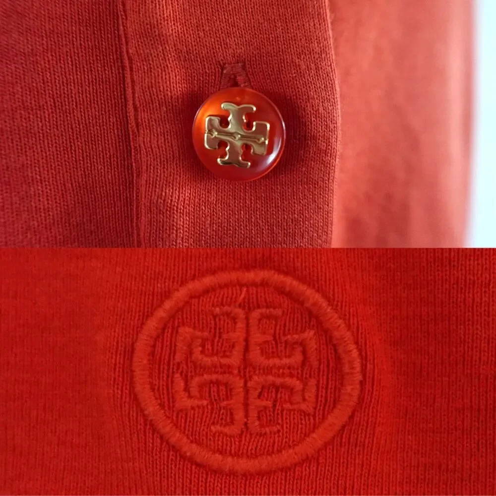 Tory Burch Red Orange 3/4 Sleeve Button Down Collared Polo Shirt Blouse Size S